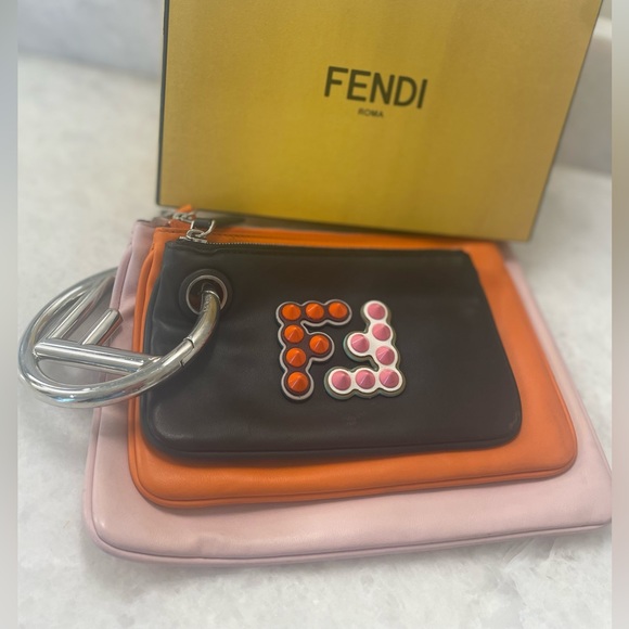 fendi triplette clutch bag leather Black Pink Orange Used Women - Picture 1 of 10